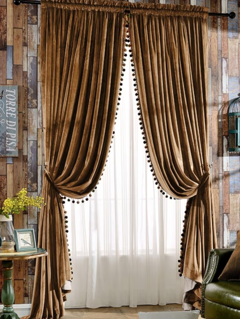NWT 2-Panels 52"Wx84"L Velvet Blackout Curtains w/Pompom Trim In Golden Brown